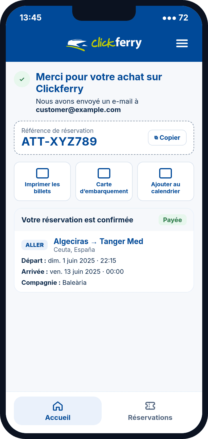 Appli Clickferry : confirmation d'achat