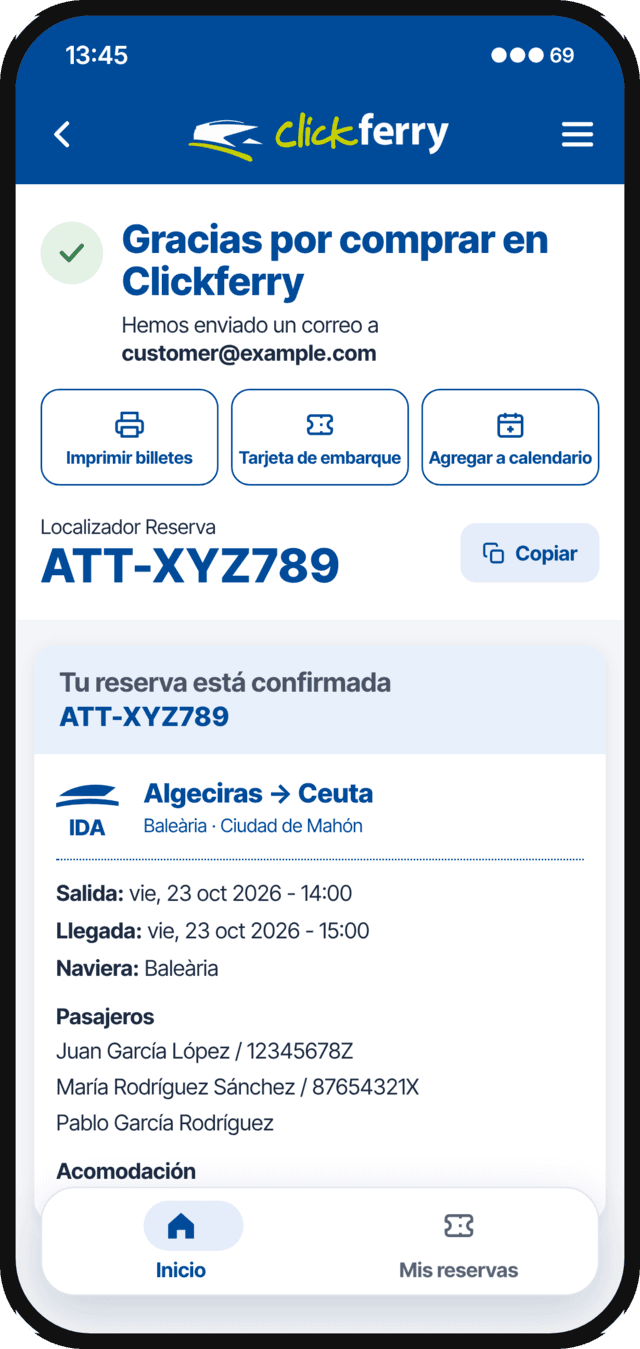 App Clickferry: confirmación de compra